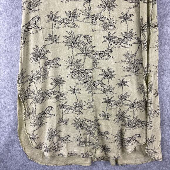 Easel Dress Small Green Tiger Print Button Front Midi Boho Safari Slits Roll Tab - Picture 16 of 16